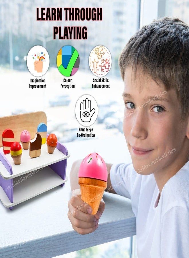 VikriDA Wooden Serve Ice Cream Counter Set for Kids, Play Ice Cream Cart Toy for Toddlers, Pretend Play Food Toys Accessories - Image 3